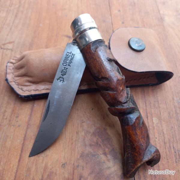Unique Couteau OPINEL N9 Manche en Bois Sculpt� avec �tui en cuir