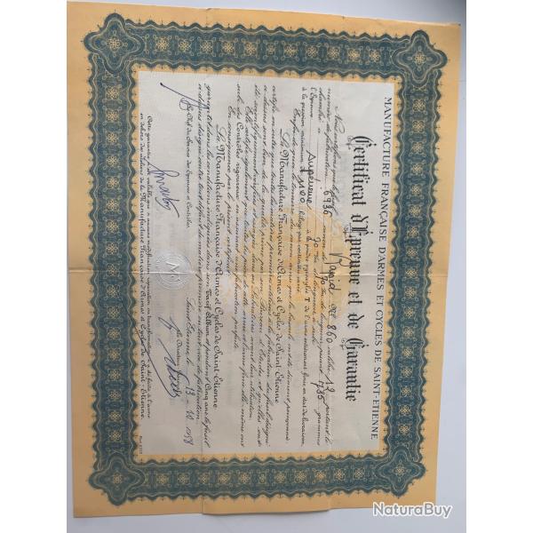 Ancien Certificat Francaise d'armes de Saint-Etienne
