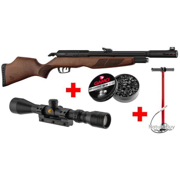 CARABINE A AIR PCP GAMO RISER CAL.5.5 - 40 JOULES + LUNETTE 3-9x40 + PLOMBS POINTUS 5.5 + POMPE FLEX