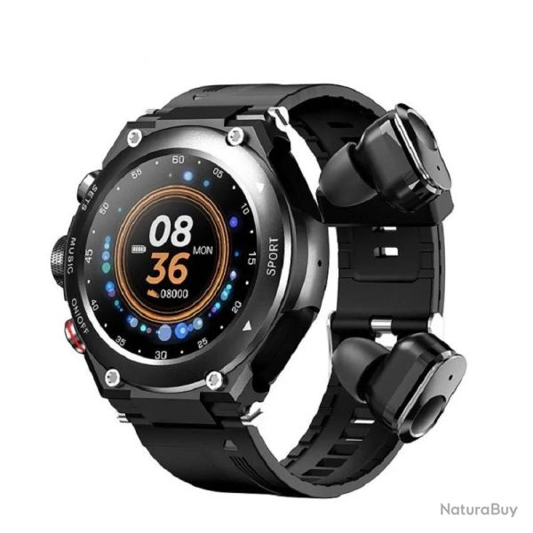 Montre Connect�e + �couteurs Bluetooth Appel Sport �tanche IP67 �cran HD 1.28" Autonomie 15J Noir
