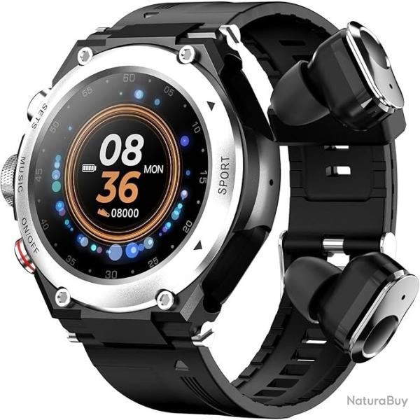 Montre Connect�e + �couteurs Bluetooth Appel Sport �tanche IP67 �cran HD 1.28" Autonomie 15J Argent