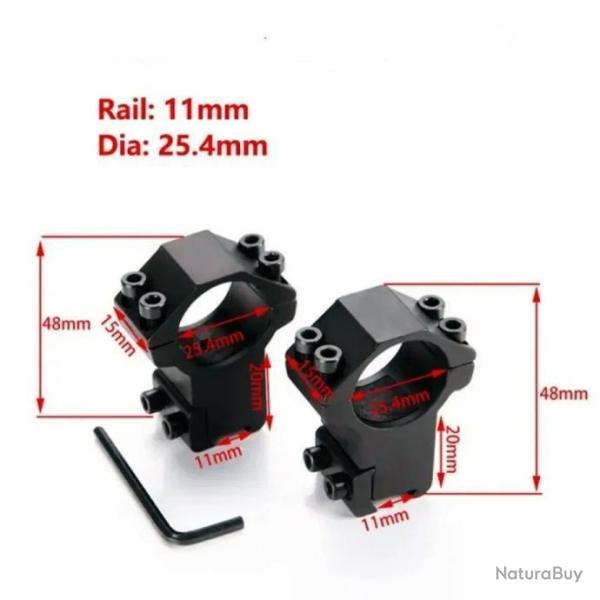 Colliers/Anneaux Montage 11mm Rail Weaver/Picatinny Haut 20mm Diam�tre 25.4mm Lunette de Vis�e