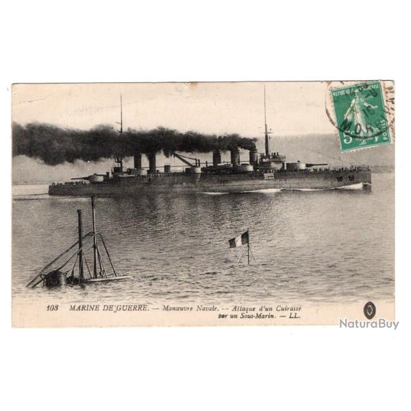 CPA - MARINE DE GUERRE -Manoeuvre Naval,--Attaque d'un Cuirasse par un Sous-Marin -N�3509