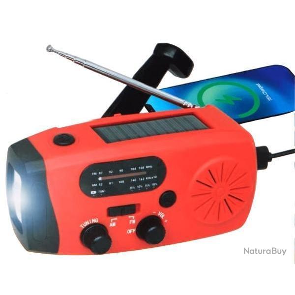 Radio de secours 4000mAh solaire, avec manivelle, power bank, Mto AM/FM/WB, LED, batterie longue