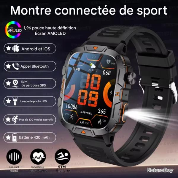 MONTRE CONNECT�E MILITAIRE GPS 2025 POUR HOMMES - 5ATM, APPEL BLUETOOTH, MODES SPORT, CHASSE Noir P