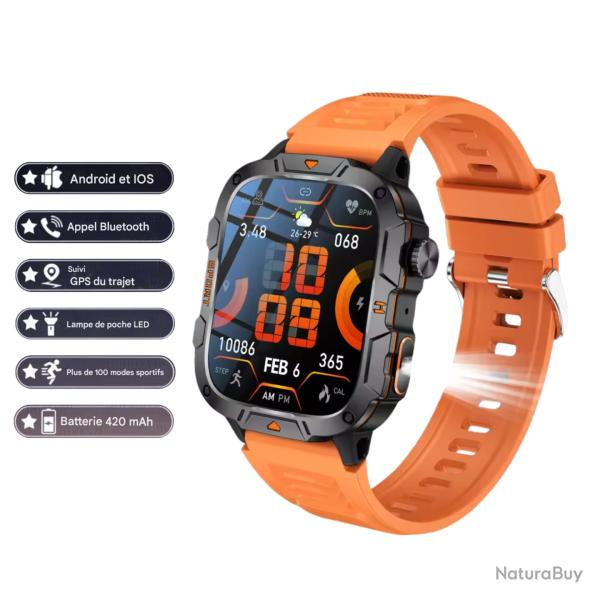 MONTRE CONNECT�E MILITAIRE GPS 2025 POUR HOMMES - 5ATM, APPEL BLUETOOTH, MODES SPORT, CHASSE Orange