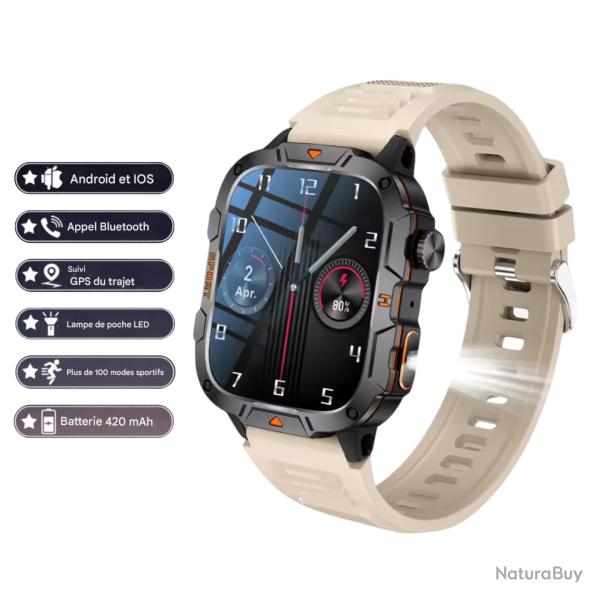 MONTRE CONNECT�E MILITAIRE GPS 2025 POUR HOMMES - 5ATM, APPEL BLUETOOTH, MODES SPORT, CHASSE Beige