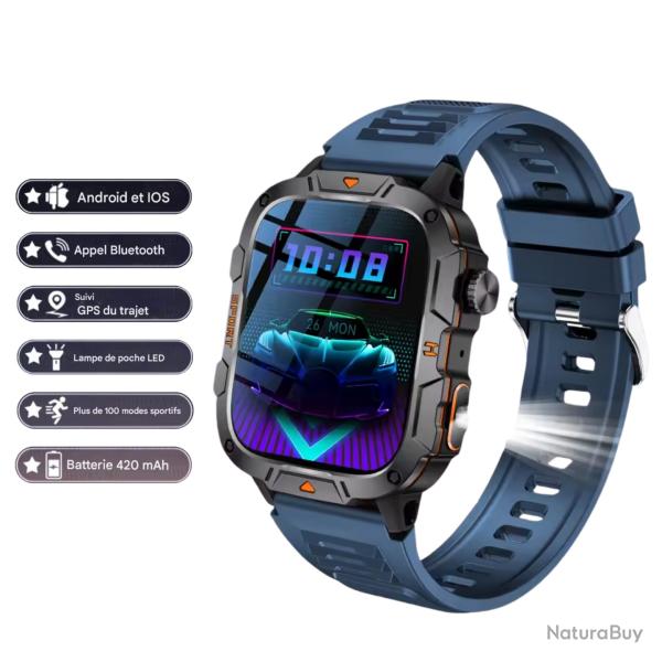 MONTRE CONNECT�E MILITAIRE GPS 2025 POUR HOMMES - 5ATM, APPEL BLUETOOTH, MODES SPORT, CHASSE Bleu