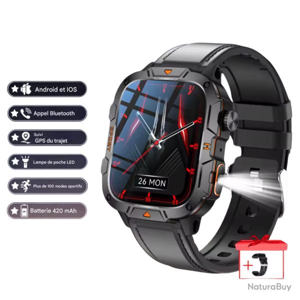 MONTRE CONNECT�E MILITAIRE GPS 2025 POUR HOMMES - 5ATM, APPEL BLUETOOTH, MODES SPORT, CHASSE Cuir
