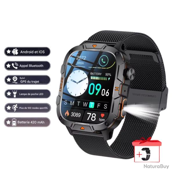 MONTRE CONNECT�E MILITAIRE GPS 2025 POUR HOMMES - 5ATM, APPEL BLUETOOTH, MODES SPORT, CHASSE Acier
