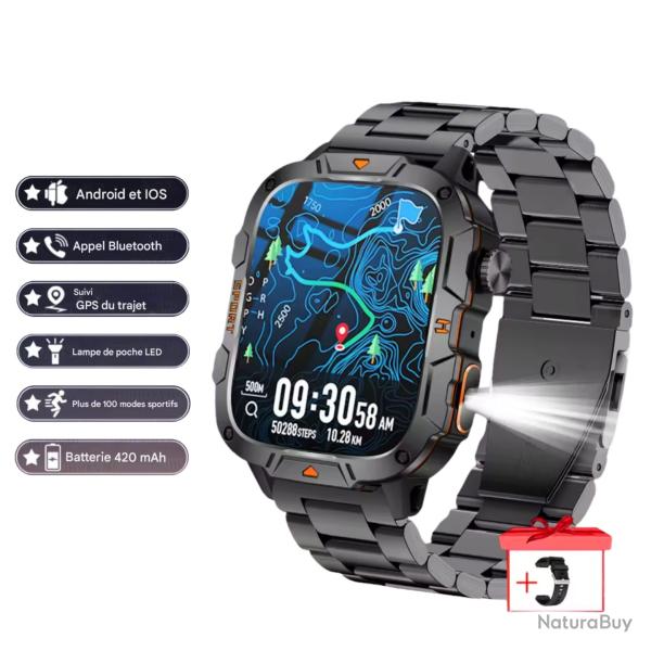 MONTRE CONNECT�E MILITAIRE GPS 2025 POUR HOMMES - 5ATM, APPEL BLUETOOTH, MODES SPORT, CHASSE Acier 2