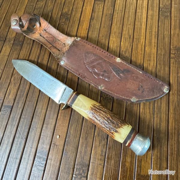 COUTEAU POIGNARD VINTAGE ARTISANAL ALLEMAND MANCHE BOIS DE CERF �TUIS CUIR