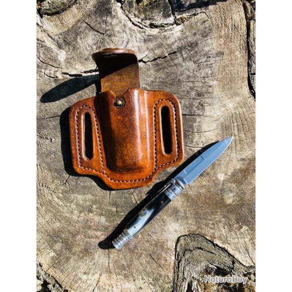 couteau pliant d'aprs chasse / manche corne de taureau / fourreau cuir