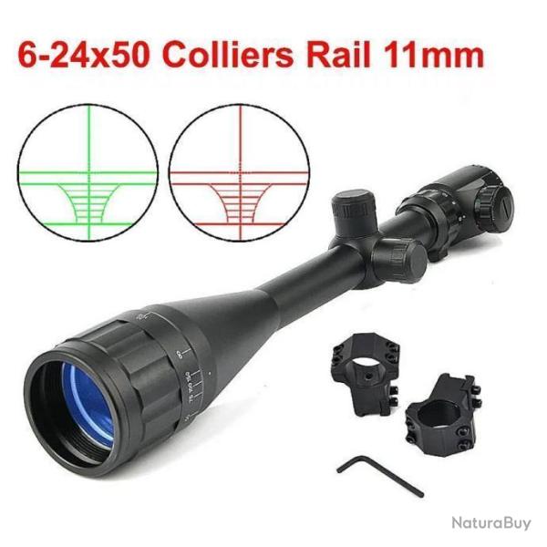 Lunette de Vis�e 6-24X50 Colliers Rail 11mm *Ench�re* R�ticule Vert Rouge Tir Aff�t Tactic Bestsight