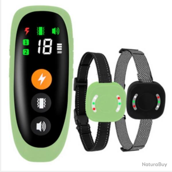 2x Colliers de Dressage lectronique pour Chiens Porte 800 m tanche Anti-Aboiement Multi-Mode Vert