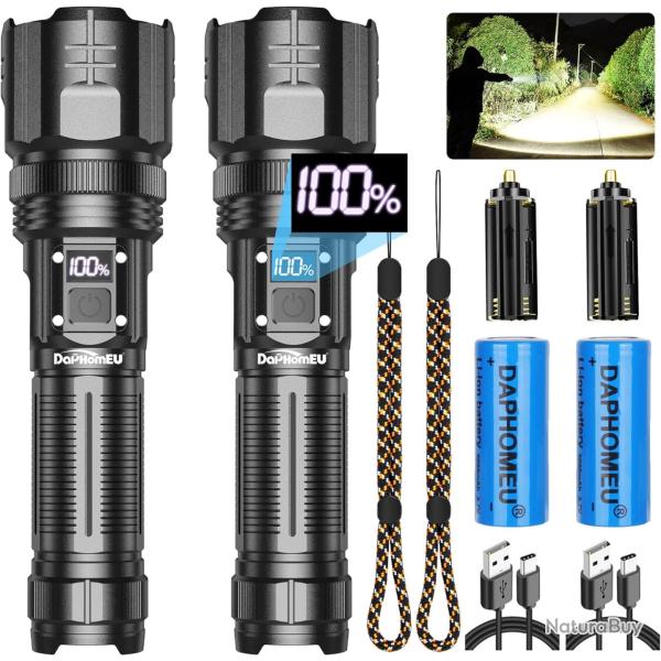 Lot de 2 Lampes Torche LED 150000 Lumens Ultra Puissante 5 Modes Batterie 5 000mAh A+++ �tanche