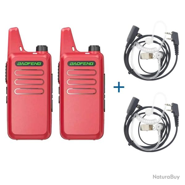 2x TALKIES-WALKIES BAOFENG T20 + 2 ECOUTEURS TRANSPARENTS - ROUGE - LIVRAISON GRATUITE