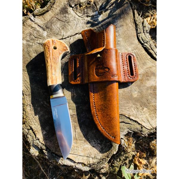 couteau de chasse d'artisan / bois de cerf , bne / acier carbone 1070