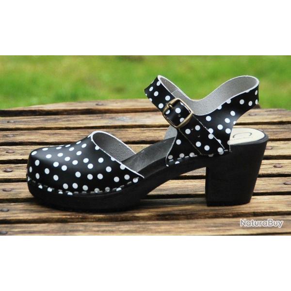 Chaussures bois et cuir � pois � talons hauts et brides femme noir  41 bois noir