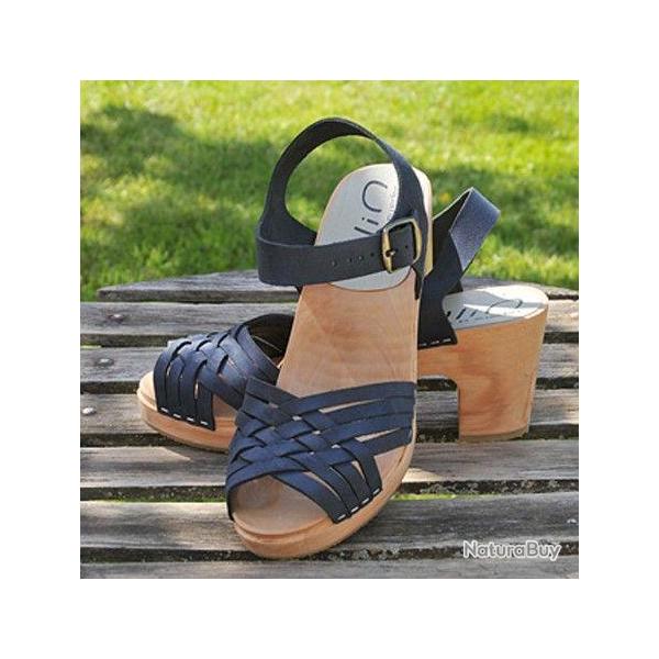 Sandales su�doises en cuir velour bleu tress� talon sky high T41 41 cuir bleu marine