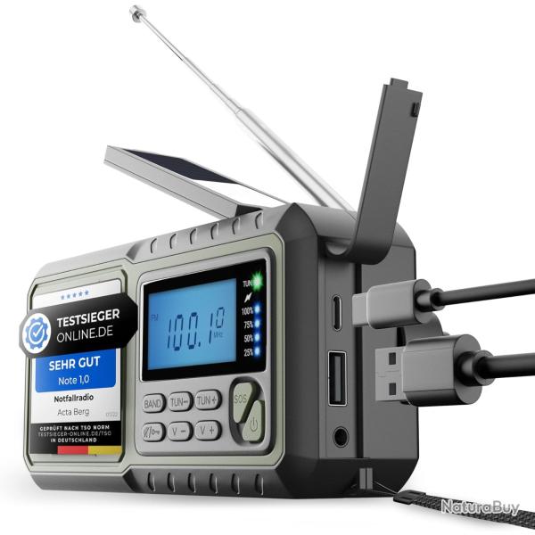 Radio d'urgence Manivelle Dynamo Batterie de 5000 mAh USB Radio M�t�o SOS Lampe de Poche 3 Modes