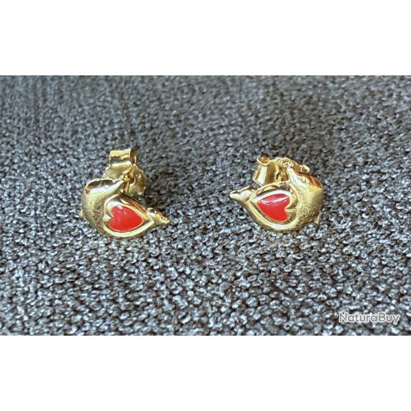 Boucles d'oreilles en or massif 18 carats - clous - coeur et dauphin