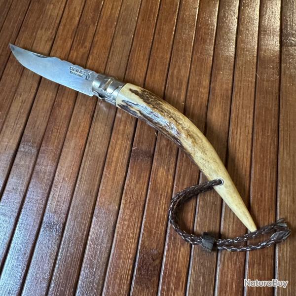 OPINEL N8 CUSTOM ARTISANAL UNIQUE MANCHE POINTE BOIS DE CERF LANI�RE CUIR