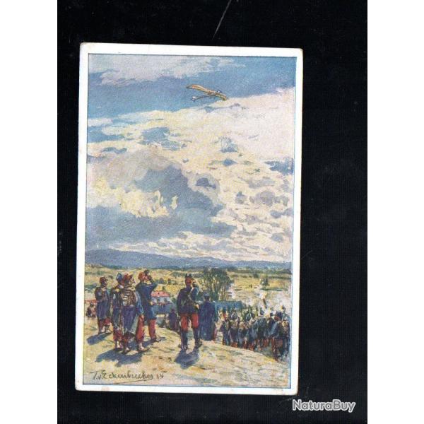 carte allemand aviatik ou taube au dessus de troupes fran�aises 1914 cpa
