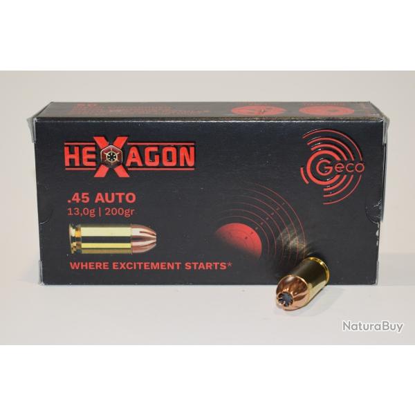 Boite 50 cartouches Geco Hexagon cal 45 acp 200 grains