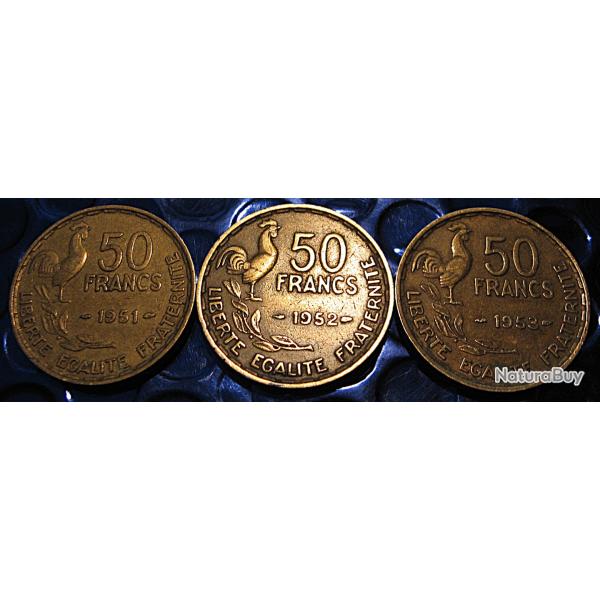 France 3 pieces de 50 francs bronze d'aluminium 1951-1952-1953