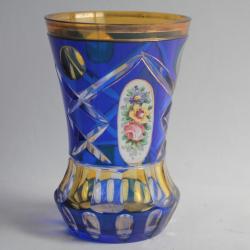 Vase cristal taillé overlay bleu jaune Fleurs Bohème