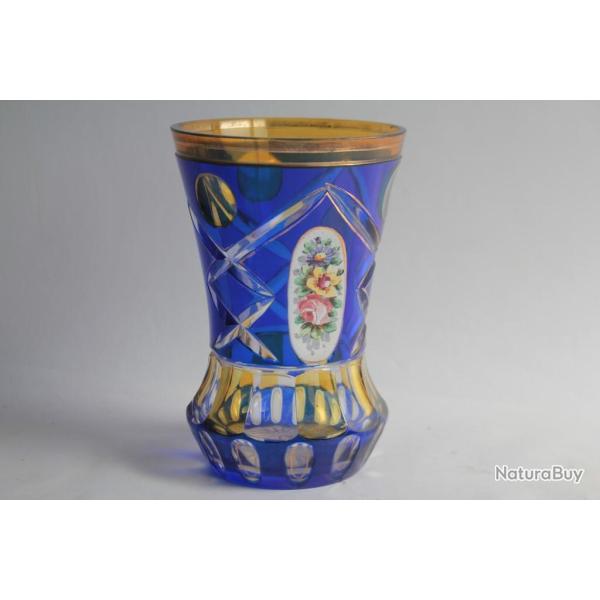 Vase cristal taill� overlay bleu jaune Fleurs Boh�me