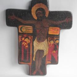 Icône orthodoxe peinte Croix Crucifixion Balkans