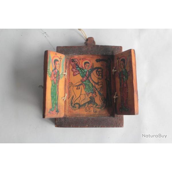 Ic�ne orthodoxe triptyque bois peint Croix Copte �thiopie