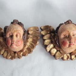 Ancienne paire Putti têtes d'anges bois polychrome et doré