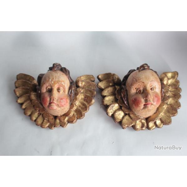 Ancienne paire Putti t�tes d'anges bois polychrome et dor�