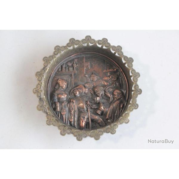 M�daillon Bas relief cuivre Taverne Joueurs de cartes XIXe si�cle