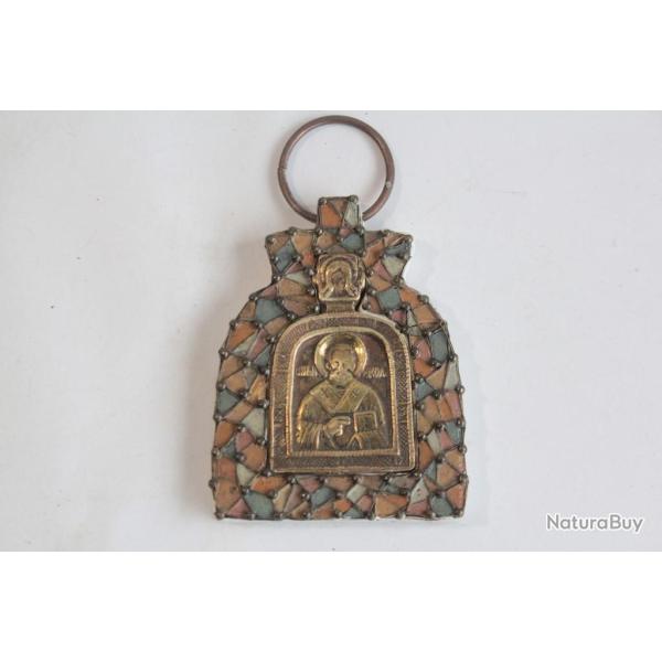 Ancienne Ic�ne M�daille orthodoxe russe bronze Saint Nicolas
