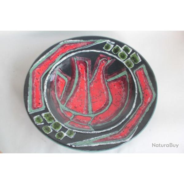 Marcel NOVERRAZ Plat c�ramique �maill�e Oiseau Suisse