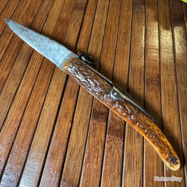COUTEAU PLIANT PALME CRA-CRA BOIS DE CERF SAMBAR 1900 WW1