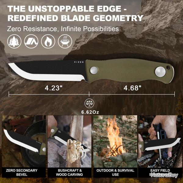 Couteau Kizer Polaris Green Lame Acier Carbone 1095 Scandi Manche G10 �tui Kydex KI1100A2