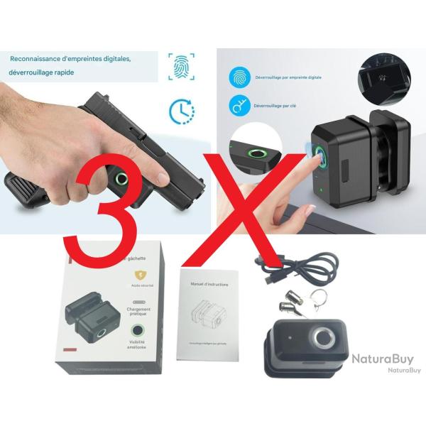 Lot de 3 verrous de pontet biom�triques avec cl�s de secours - S�curit� maximale pour vos armes