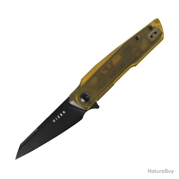 Couteau Kizer Skinner Lame Reverse Tanto Acier Nitro-V Noire Manche PEI Jaune Liner Lock KIV3725A1