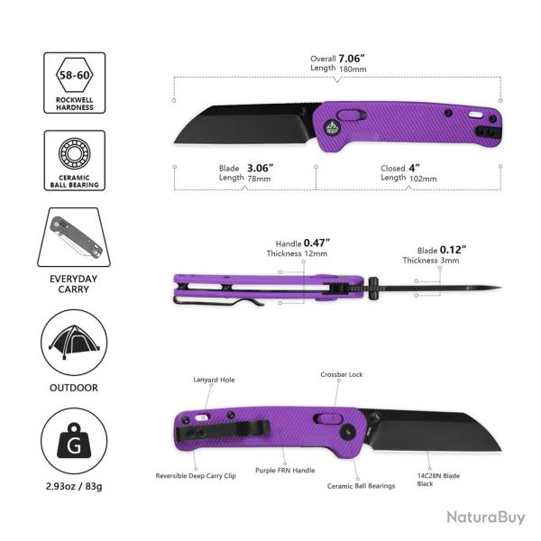 Couteau QSP Penguin Lame Sheepfoot Acier 14C28N Black Manche FRN Violet Glyde-Lock QS130GLE2
