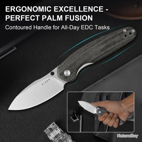 Couteau Kizer Meteora Lame Drop Point Acier Nitro-V Manche Micarta Noir Liner Lock KIV3730A1