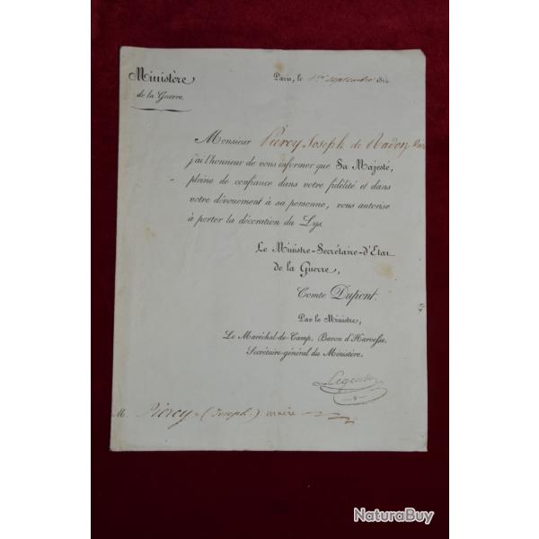 ORDRE DU LYS (1814)-AUTORISATION A PORTER LA DECORATION-MONARCHIE LOUIS XVIII-PREMIERE RESTAURATION