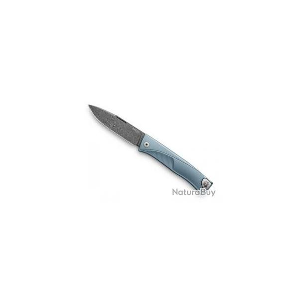 Couteau Lionsteel  THRILL lame acier damas inox  +manche titanium bleu