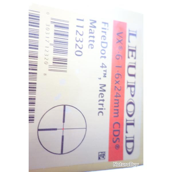 LUNETTE D'OCCASION LEUPOLD VX6 1-6X24 NON LUMINEUSE  CORPS DE 30MM RETICULE  FIRE DOT 4