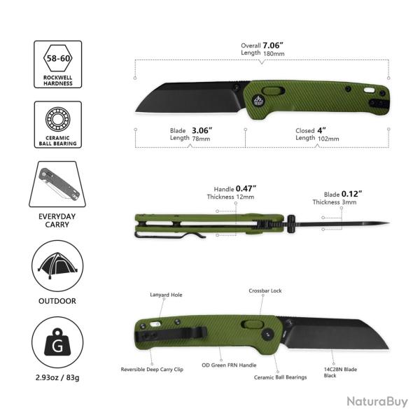 Couteau QSP Penguin Glyde Lock Lame Sheepfoot Acier 14C28N Manche FRN Vert Crossbar QS130GLB2