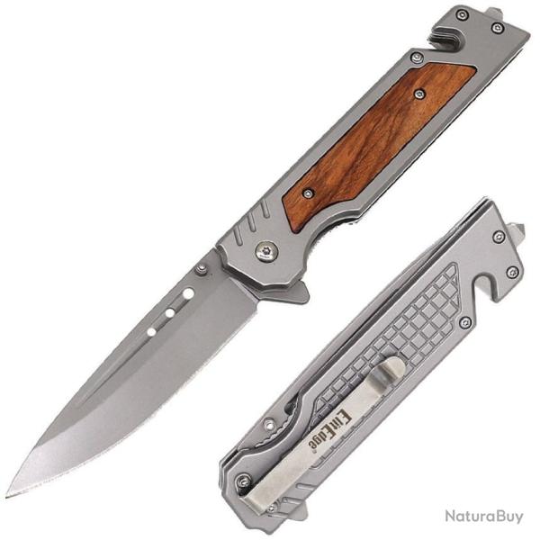 Couteau ElitEdge Rescue Lame Acier 3Cr13 Manche Acier/Bois Brise-vitre Coupe-ceinture EE10A116WD